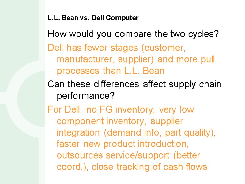 L.L. Bean vs. Dell Computer How would you compare the two cycles? Dell has
